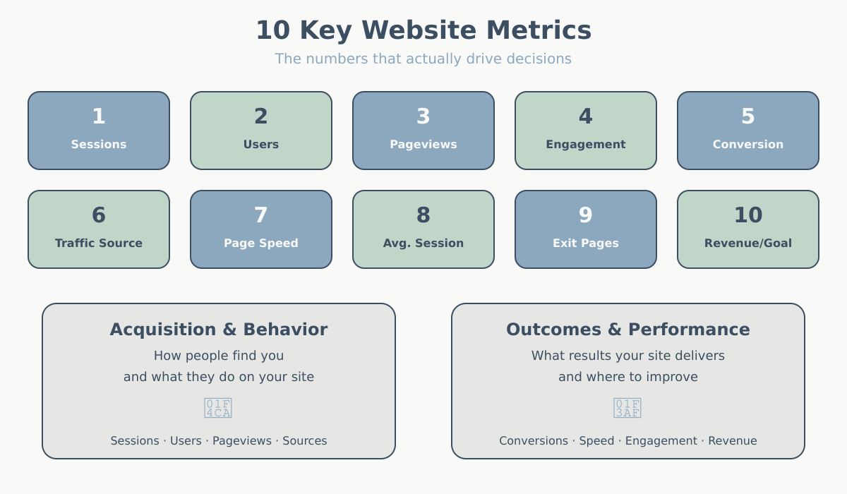 Infographic showing 10 key website metrics organized by acquisition, engagement, and conversion categories