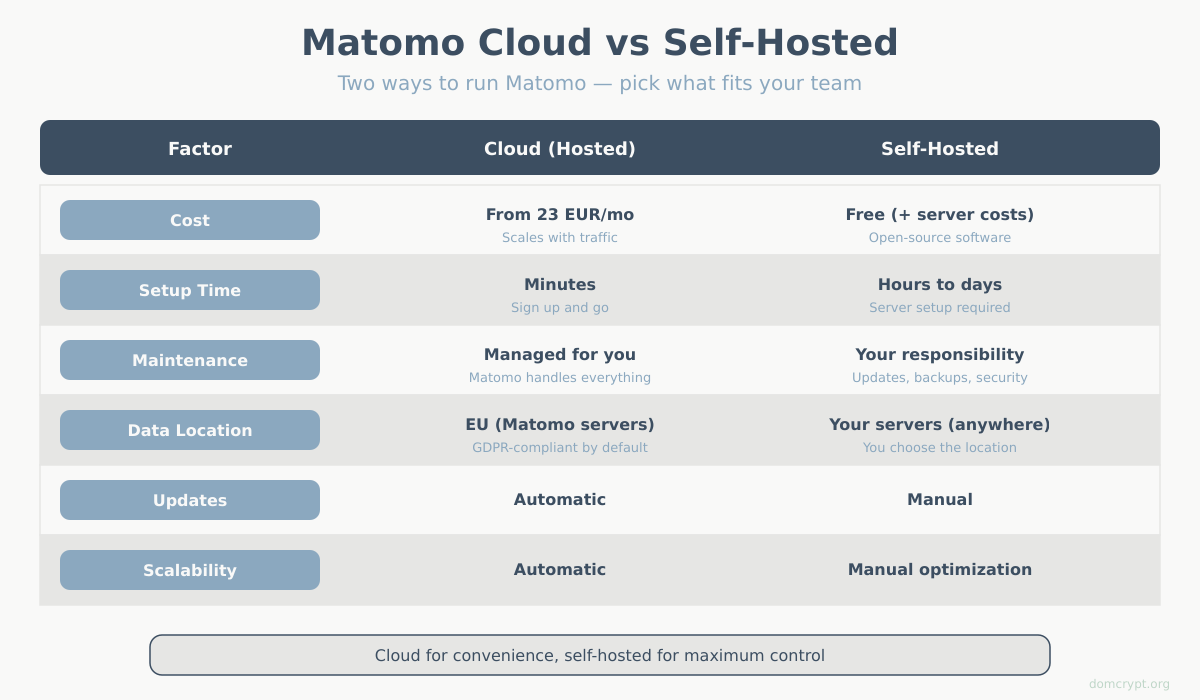 Matomo Cloud vs Self-Hosted deployment comparison
